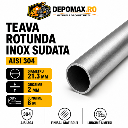 Teava rotunda inox sudata AISI 304, 21.3 x 2 mm, 6 metri